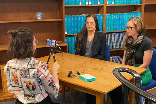 Shenandoah University Professor of Criminology and Criminal Justice Staci Strobl and Cardiff University Lecturer in Climate Science Sammy Buzzard record a video together as part of their Collaborative Online International Learning project for the US-UK Fulbright Commission's Global Challenges Teaching Award