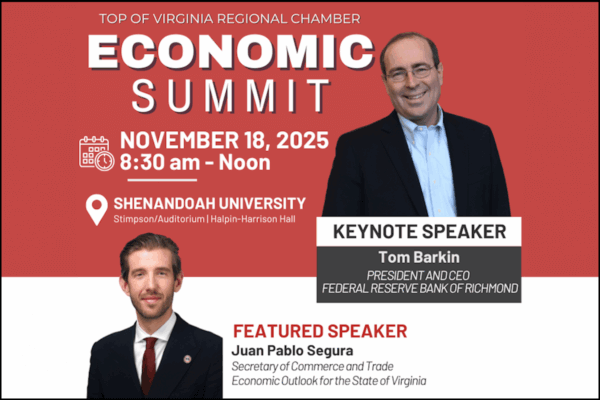 Graphic promoting details of the 2025 Economic Summit, with headshots of speakers Tom Barkin and Juan Pablo Segura.