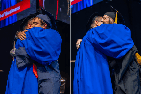 Combined photos of two graduates hugging their father/stepfather on stage.