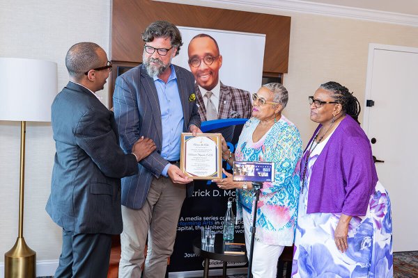 "Across the Arts" host Patrick D. McCoy is joined by fellow Shenandoah Conservatory Board Members and alumnae Linda Hall and Jerilynn Payne to present the first "Across the Arts" Award to Dr. Stepniak