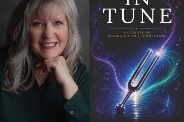 Headshot of Lisa Fritsch with the cover of her book, "In Tune: A Journey of Resonance and Connection"