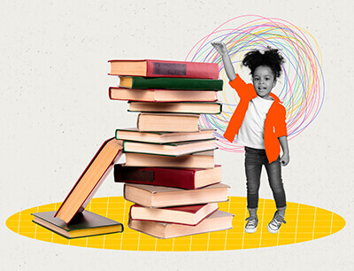 illustrated little girl with stack of books