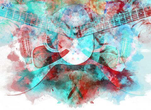 Abstract beautiful man playing Guitar in the foreground on Watercolor painting background and Digital illustration brush to art.