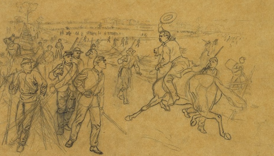 Alfred Waud’s sketch of General Philip H. Sheridan’s arrival north of Middletown late on the morning of October 19, 1864. (Library of Congress)