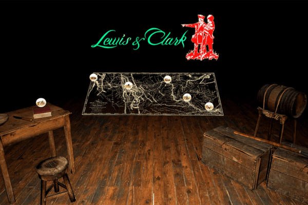 Gameplay screenshot of Lewis & Clark VR showing a map and tables