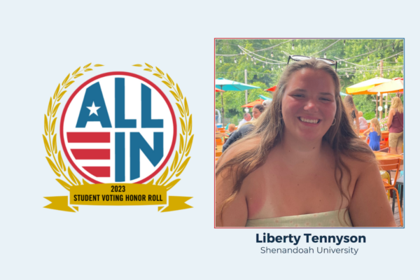 Photograph of Shenandoah University student Liberty Tennyson and the 2023 ALL IN Student Voting Honor Roll badge