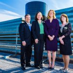 From left to right: Dean of the Bernard J. Dunn School of Pharmacy Robert DiCenzo, Interim Dean of the School of Health Professions Karen Abraham, Vice President for Academic Affairs Adrienne Bloss and Dean of the Eleanor Wade Custer School of Nursing Kathleen LaSala.