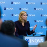 Shenandoah Universtiy Vice President for Academic Affairs Adrienne Bloss addresses the crowd on April 3, as Shenandoah University and Inova jointly announce an expanded, collaborative partnership.