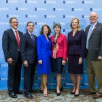 From left to right: Shenandoah University Trustees Andrew Ferrari and Charles Veatch; President Tracy Fitzsimmons; Shenandoah University Trustee and Board Chair Marjorie Lewis; Vice President for Academic Affairs Adrienne Bloss; and Shenandoah University Trustee J. Gregory Bennett.