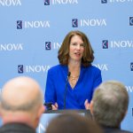 Shenandoah University President Tracy Fitzsimmons addresses the crowd on April 3, as Shenandoah University and Inova jointly announce an expanded, collaborative partnership.