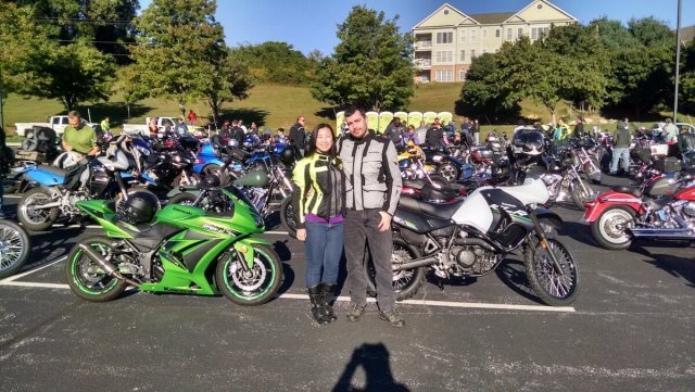Shenandoah pharmacy alumna Tiffany Chen '14, '17 with motorcycle as she participates in the Ride for Kids for the Pediatric Brain Tumor Foundation