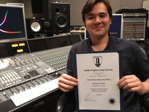 Shenandoah Conservatory Music Production & Recording Technology Student Christopher Fenton with award from Audio Engineering Society.