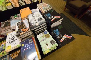 Jason Reynolds' books for sale at Shenandoah University's 33rd Annual Children's Literature Conference.