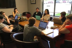 Students meet to work on Avalon, Shenandoah University's literary magazine.