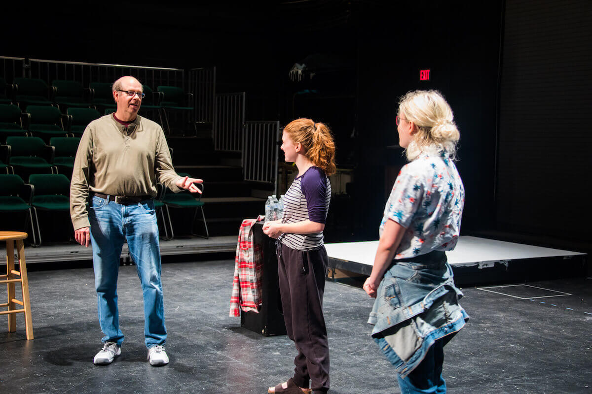 Stephen Tobolowsky works with students on a Meisner "repeat" exercise in Shenandoah University's Glaize Studio Theatre. 