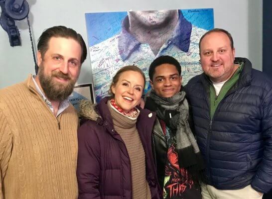 Matt Edwards '15, D.M.A.; Garrett Elise Long '91, Roman Banks '21 and Kevin Covert after Banks' debut as Evan Hansen in "Dear Evan Hansen" on Broadway.  