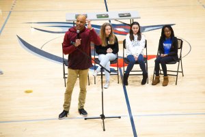 Children's author Charles R. Smith Jr. and students at poetry slam at Shenandoah University, Jan. 2019.