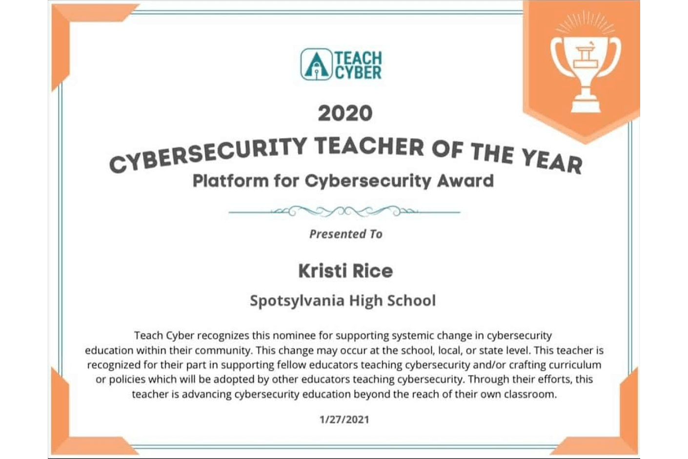 Shenandoah Career Switcher Honored For Teaching Cybersecurity Kristi Rice ’16 Is Paving The Way For Cybersecurity Education in Virginia