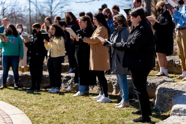 Shenandoah Conservatory faculty, staff and students gather in March 2022 to perform a Ukrainian folk hymn in support of the war-torn Ukraine. 
