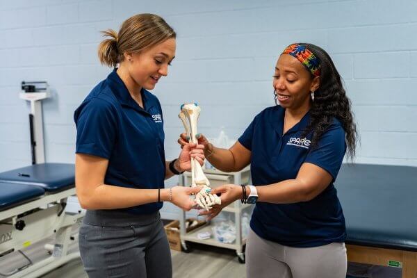 Wallis with Shenandoah Associate Director Performing Arts Medicine Program and Assistant Professor of Athletic Training Michele Pye, Ph.D. looking at medical skeleton leg and foot.
