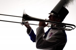 Shenandoah University Marching Band silhouette of trombone player