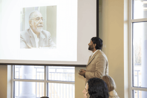 Shenandoah University's Younus Mirza, Ph.D., director of the Barzinji Institute for Global Virtual Learning, speaks about the life of Dr. Jamal Barzinji during one of the first meetings of the Barzinji Project