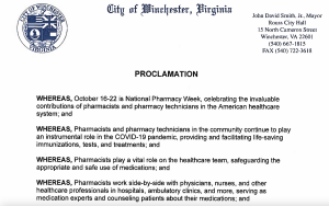 Image of a Winchester Va proclamation for 2022 National Pharmacy Week
