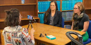 Shenandoah University Professor of Criminology and Criminal Justice Staci Strobl and Cardiff University Lecturer in Climate Science Sammy Buzzard record a video together as part of their Collaborative Online International Learning project for the US-UK Fulbright Commission's Global Challenges Teaching Award