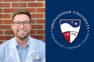 Shenandoah Pharmacy/MPH student Derek King '23 image and circular Shenandoah logo