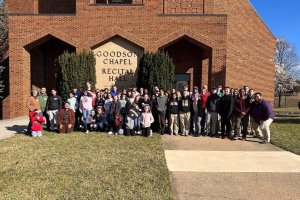 Shenandoah 'Mission u' event participants (2023) gathered in front of Goodson Chapel-Recital hall