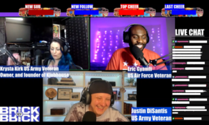 A screenshot of Shenandoah University esports students Eric Gyamfi and Justin DiSantis during a broadcast of "Brick By Brick Vets" featuring guest Krysta Kirk