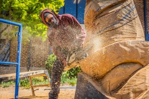 Chainsaw carver Andrew Mallon sculpts a tree stump on Shenandoah University's main campus