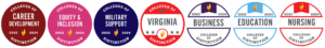 Colleges of Distinction 2023-24 badges recognizing Shenandoah University in the areas of career development, equity and inclusion, military support, the state of Virginia, business, education, and nursing