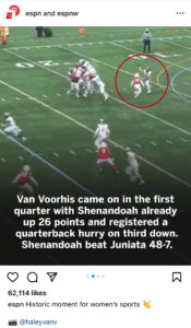 ESPN Instagram post showing Haley Van Voorhis' quarterback hurry