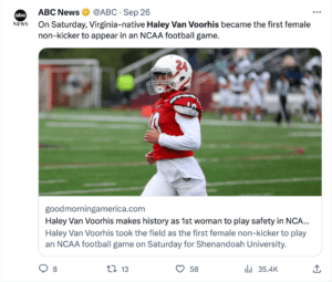 ABC News social media post about Haley Van Voorhis' historic appearance for Shenandoah University's football team