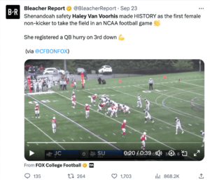 Bleacher Report social media post about Haley Van Voorhis' historic appearance for Shenandoah University's football team