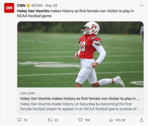 CNN social media post about Haley Van Voorhis' historic appearance for Shenandoah University's football team