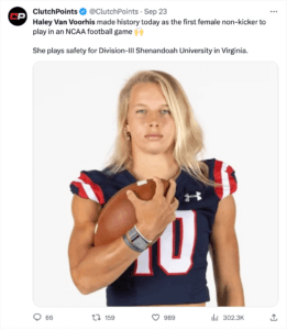 Clutch Points social media post about Haley Van Voorhis' historic appearance for Shenandoah University's football team