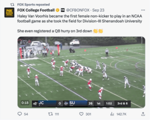 Fox College Football social media post about Haley Van Voorhis' historic appearance for Shenandoah University's football team