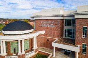 Drone photograph of the Cecil Pruitt Jr. Health & Life Sciences Building