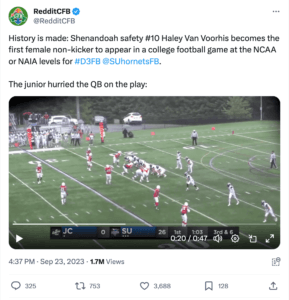 Reddit College Football social media post about Haley Van Voorhis' historic appearance for Shenandoah University's football team