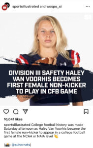 Sports Illustrated social media post about Haley Van Voorhis' historic appearance for Shenandoah University's football team