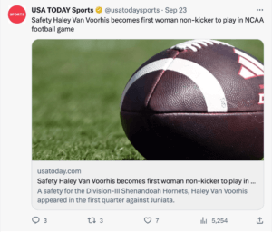USA Today social media post about Haley Van Voorhis' historic appearance for Shenandoah University's football team