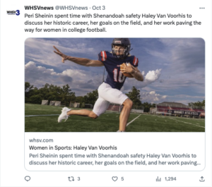 WHSV social media post about Haley Van Voorhis' historic appearance for Shenandoah University's football team