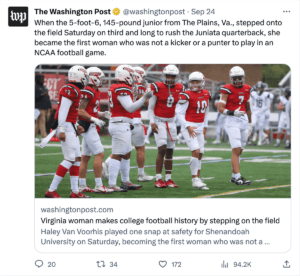 The Washington Post social media post about Haley Van Voorhis' historic appearance for Shenandoah University's football team