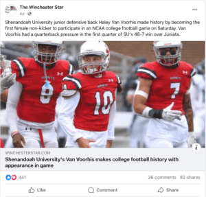 The Winchester Star social media post about Haley Van Voorhis' historic appearance for Shenandoah University's football team