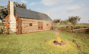 Virtual rendering of a campfire and log building bordering an orchard.