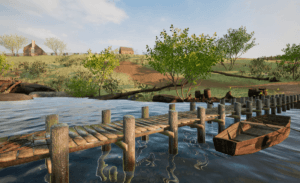 Virtual rendering of a long wooden dock on the water, with a rowboat in the foreground and log buildings visible atop a hill in the distance.