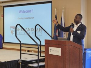 Kwasi Fraser speaks at the Northern Virginia KidWind Challenge held at Shenandoah University in 2024.