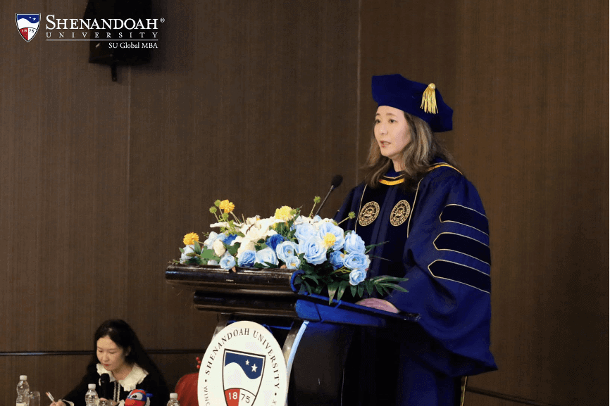 Yvonne Chen, Ph.D., presides over the 2023 SU Global MBA commencement in Shanghai, China. 